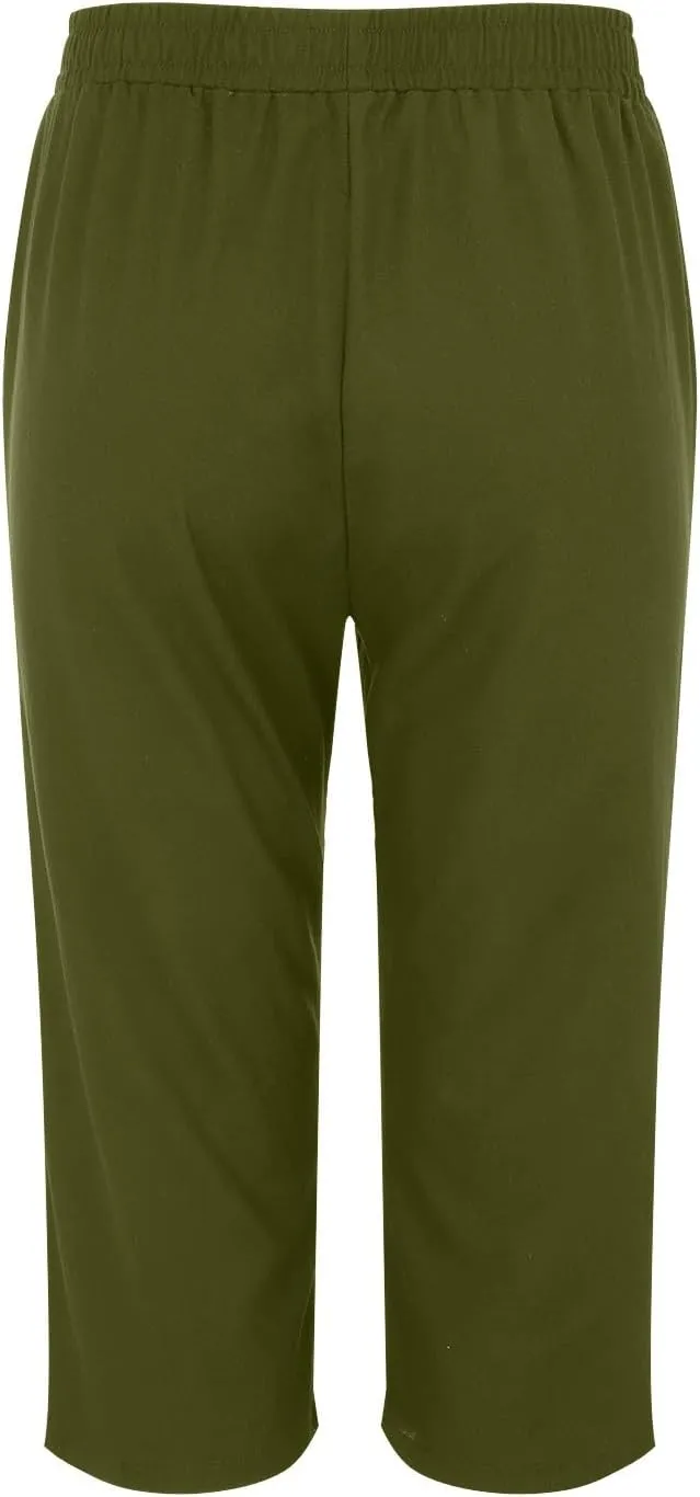 Cotton Linen Capris for Women Elastic High Waist Straight Leg Lounge Pants Casual Slacks Summer Trouser with Pockets