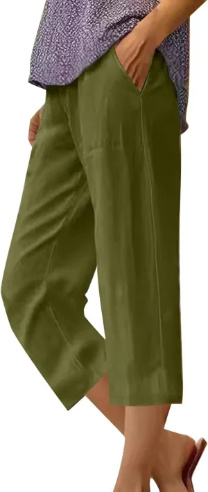 Cotton Linen Capris for Women Elastic High Waist Straight Leg Lounge Pants Casual Slacks Summer Trouser with Pockets