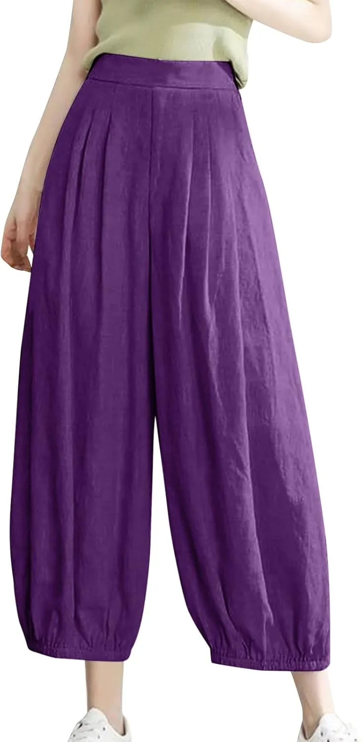 Cotton Linen Palazzo Pants for Women High Waist Loose Trousers Summer Boho Beach Slacks 2025 Solid Baggy Comfy Outfit