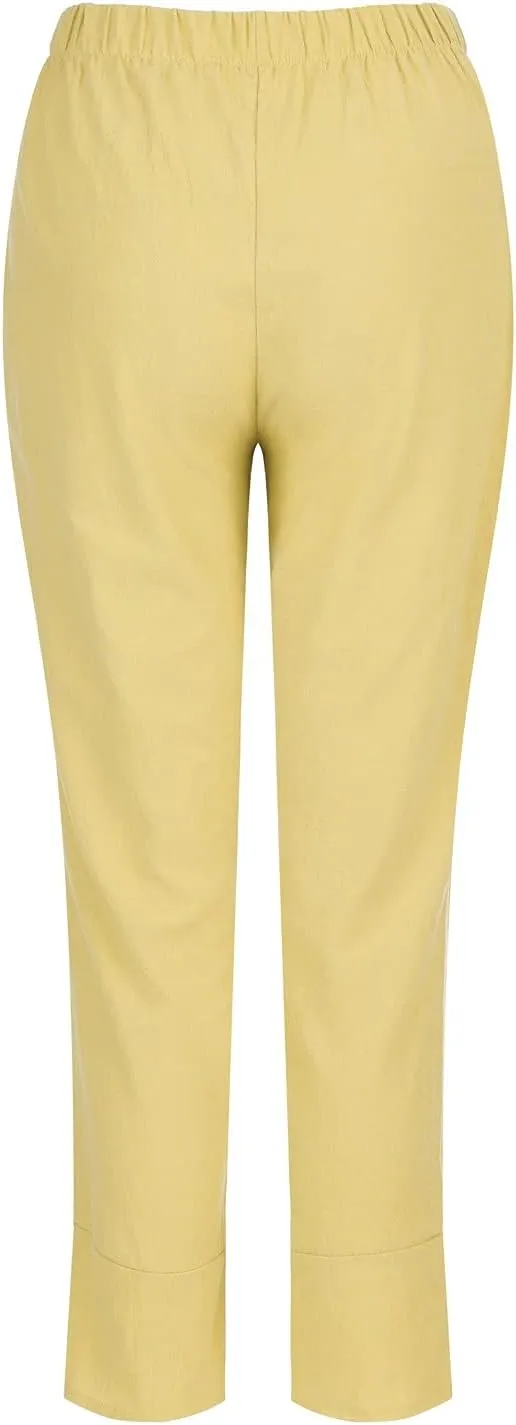 Cotton Linen Pants for Women Casual Capri Pant Plus Size Wide Leg Palazzo Summer Cropped Elastic Waist Trousers