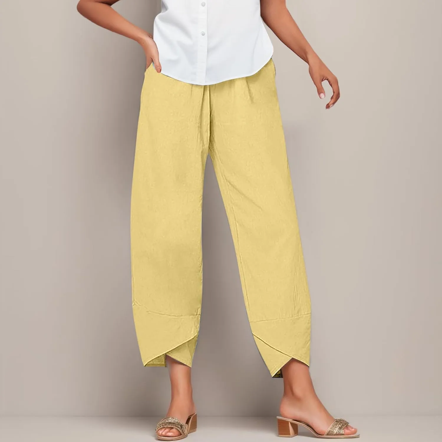 Cotton Linen Pants for Women Casual Capri Pant Plus Size Wide Leg Palazzo Summer Cropped Elastic Waist Trousers