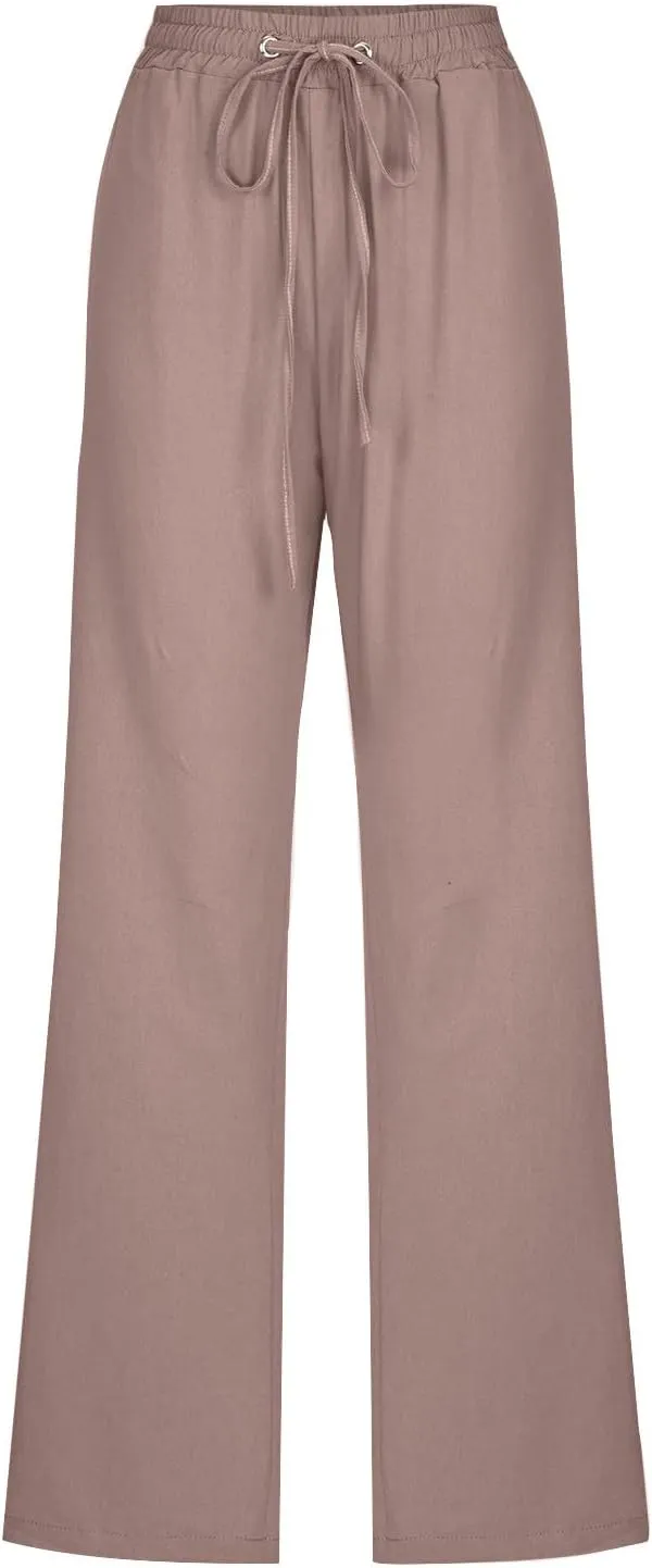 Cotton Linen Pants for Women Casual Straight Leg Pants with Pockets Summer Elastic Waist Trousers Vacation Clothes
