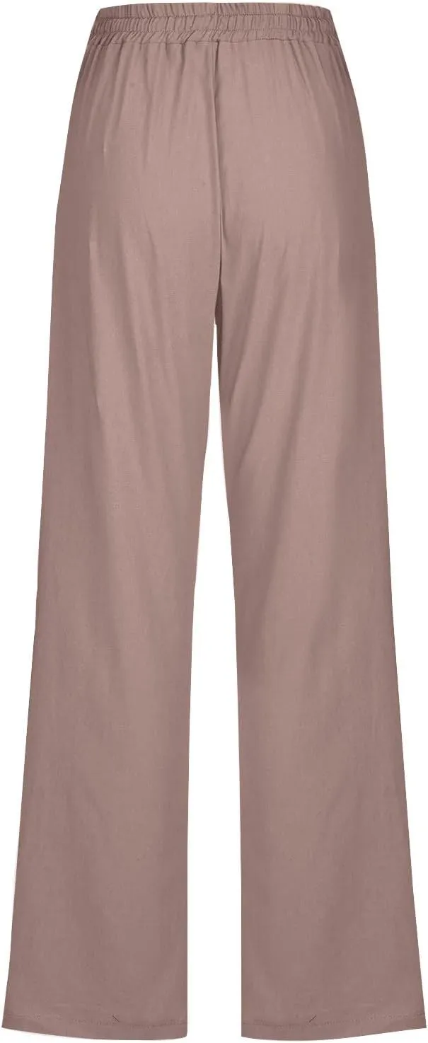 Cotton Linen Pants for Women Casual Straight Leg Pants with Pockets Summer Elastic Waist Trousers Vacation Clothes