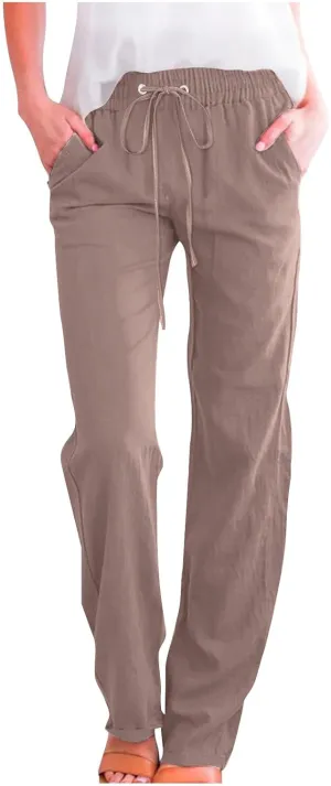 Cotton Linen Pants for Women Casual Straight Leg Pants with Pockets Summer Elastic Waist Trousers Vacation Clothes
