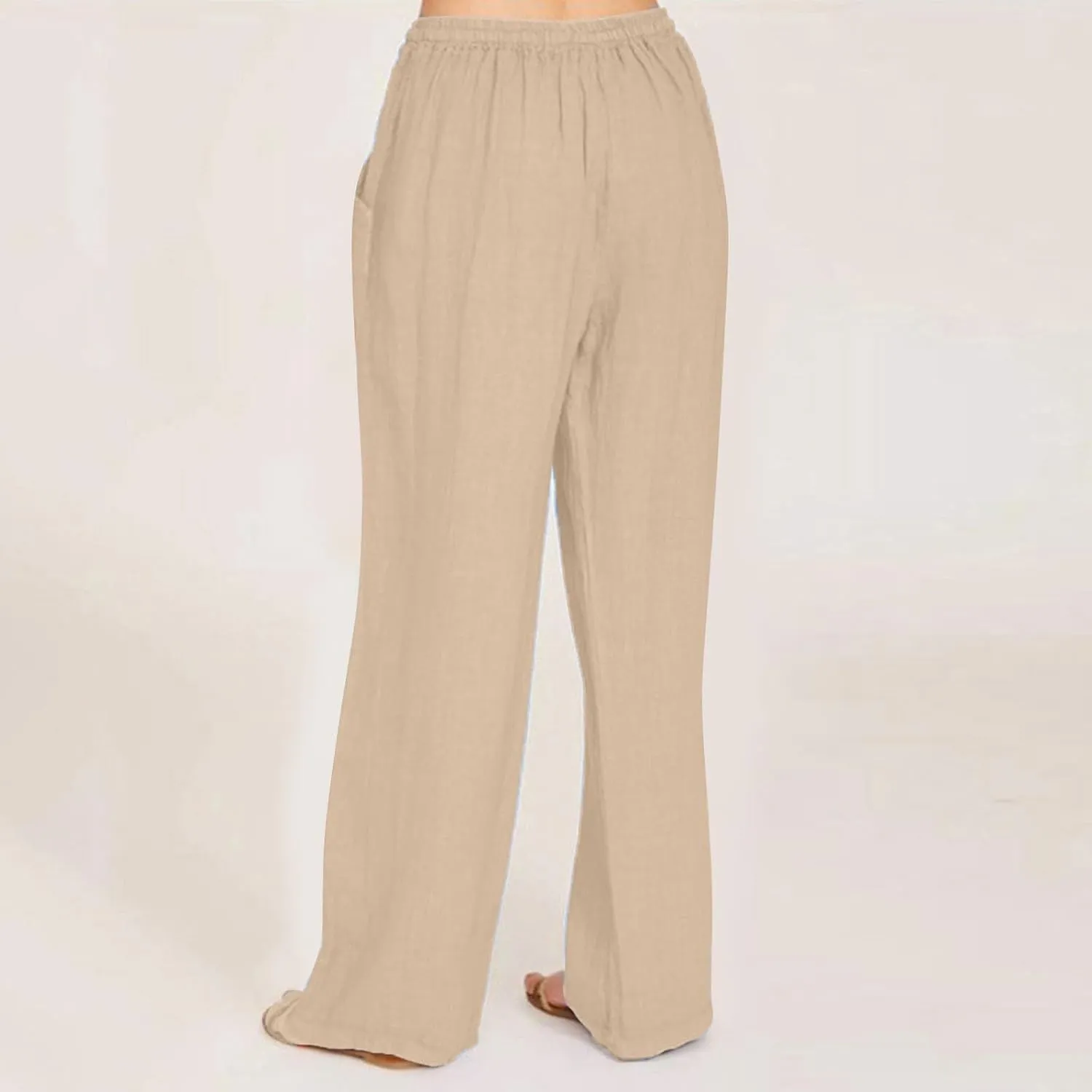 Cotton Linen Pants for Women Casual Straight Leg Trousers Drawstring High Waist Summer Wide Leg Pants with Pockets
