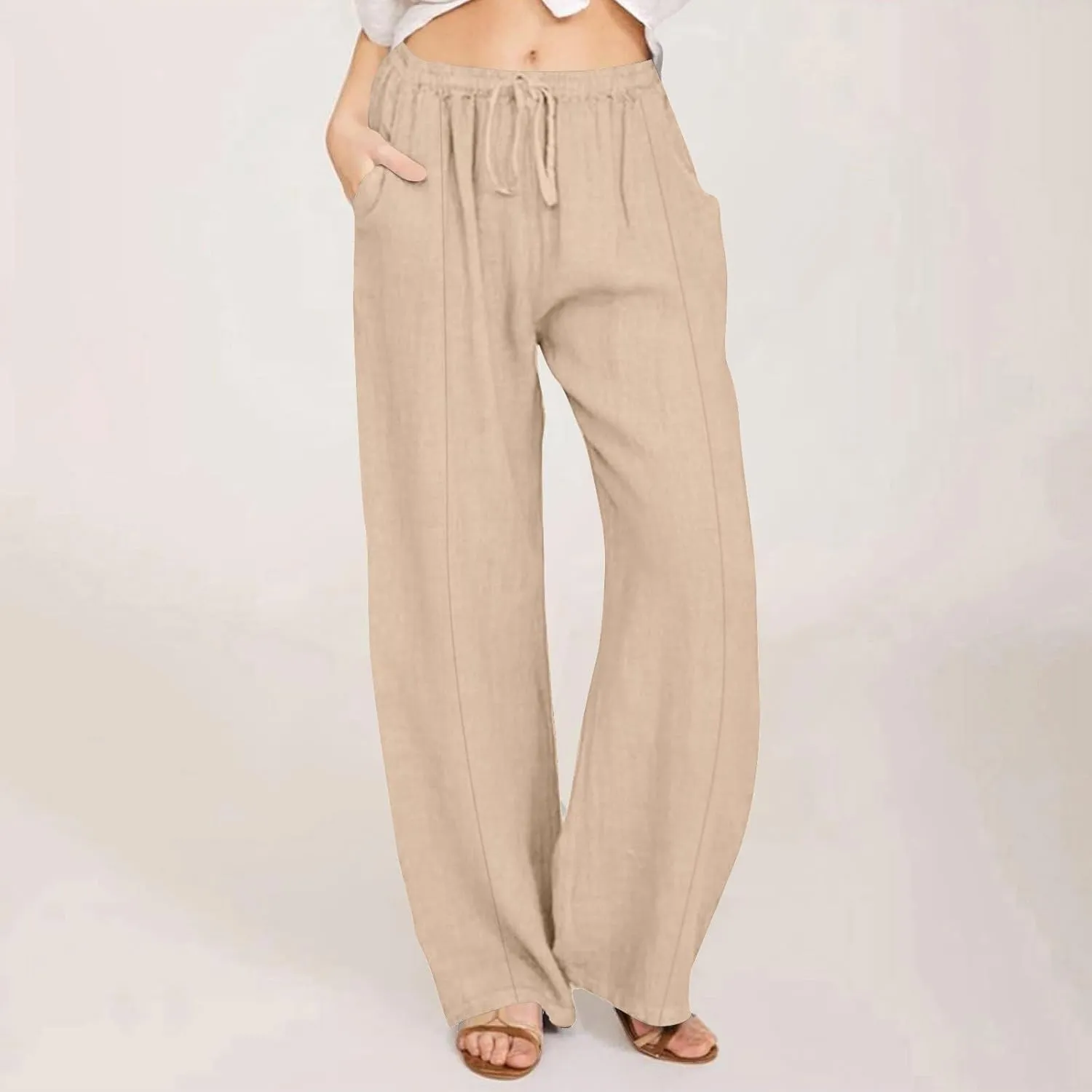 Cotton Linen Pants for Women Casual Straight Leg Trousers Drawstring High Waist Summer Wide Leg Pants with Pockets