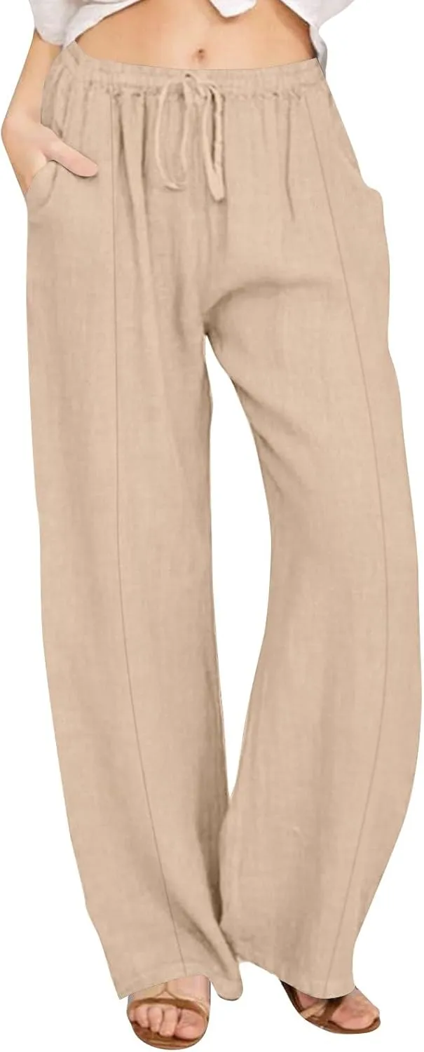 Cotton Linen Pants for Women Casual Straight Leg Trousers Drawstring High Waist Summer Wide Leg Pants with Pockets