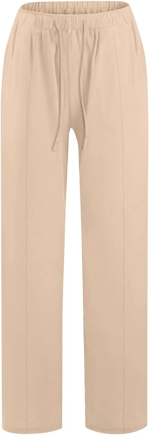 Cotton Linen Pants for Women Casual Straight Leg Trousers Drawstring High Waist Summer Wide Leg Pants with Pockets