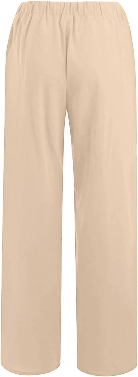 Cotton Linen Pants for Women Casual Straight Leg Trousers Drawstring High Waist Summer Wide Leg Pants with Pockets