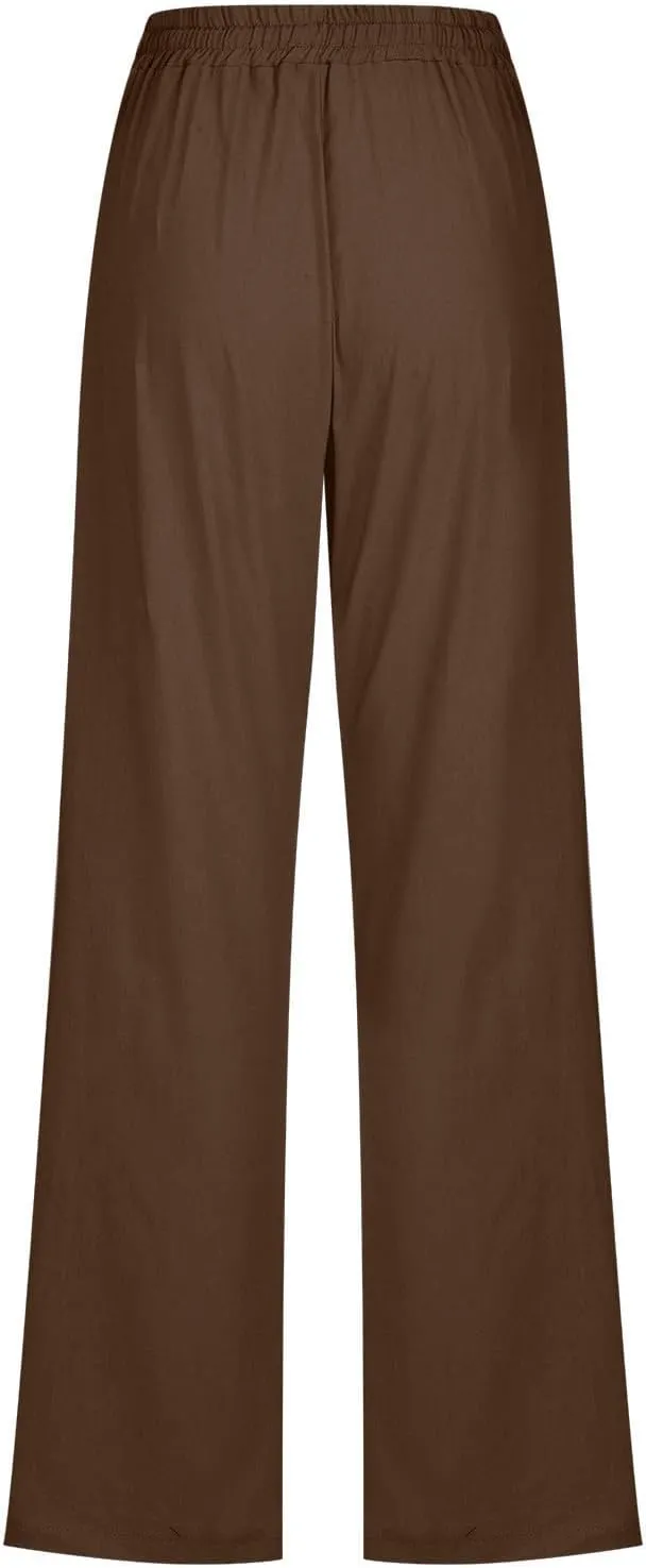 Cotton Linen Pants for Women Drawstring Straight Leg Trousers Lightweight High Waist Casual Pant Beach Travel Clothes