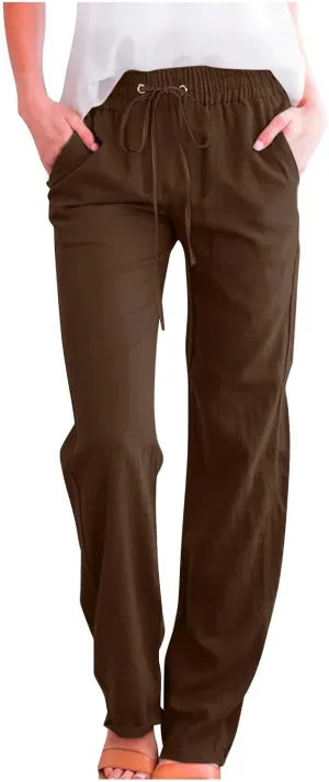 Cotton Linen Pants for Women Drawstring Straight Leg Trousers Lightweight High Waist Casual Pant Beach Travel Clothes