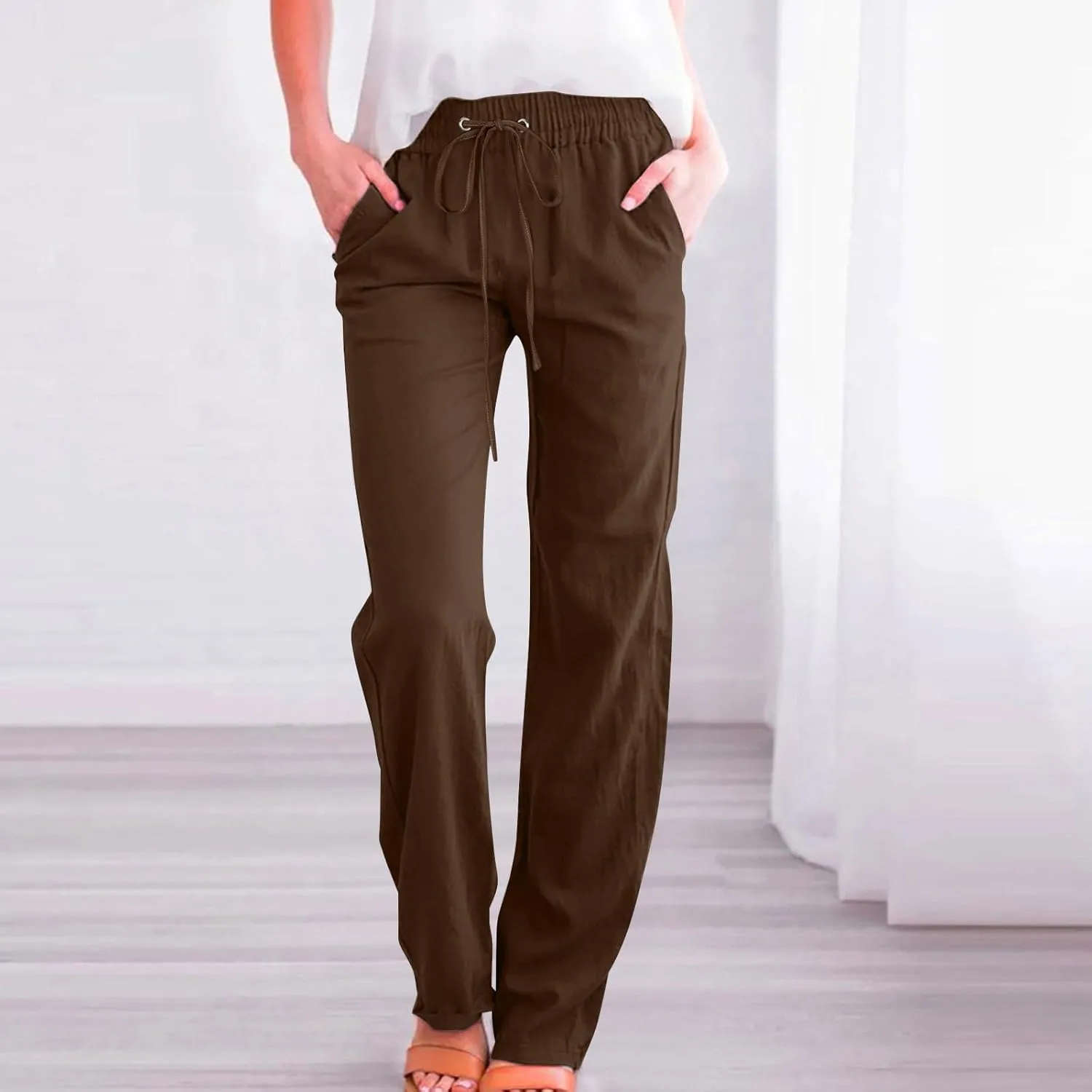Cotton Linen Pants for Women Drawstring Straight Leg Trousers Lightweight High Waist Casual Pant Beach Travel Clothes