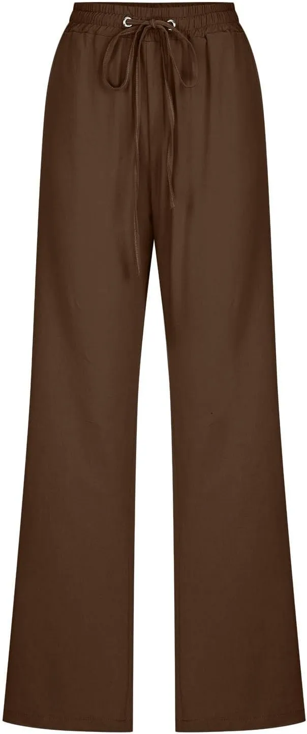 Cotton Linen Pants for Women Drawstring Straight Leg Trousers Lightweight High Waist Casual Pant Beach Travel Clothes