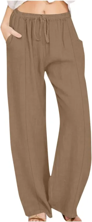 Cotton Linen Pants Women Casual Summer Tie High Waisted Wide Leg Palazzo Pants Solid Loose Fit Plus Size Trousers