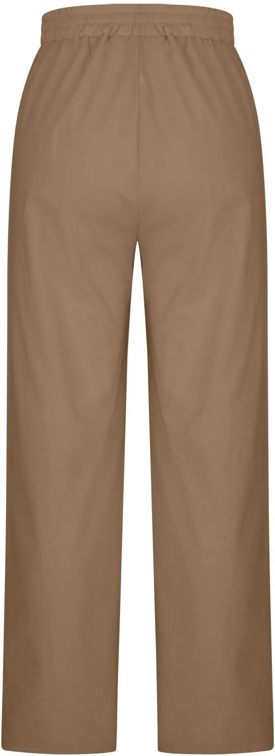 Cotton Linen Pants Women Casual Summer Tie High Waisted Wide Leg Palazzo Pants Solid Loose Fit Plus Size Trousers