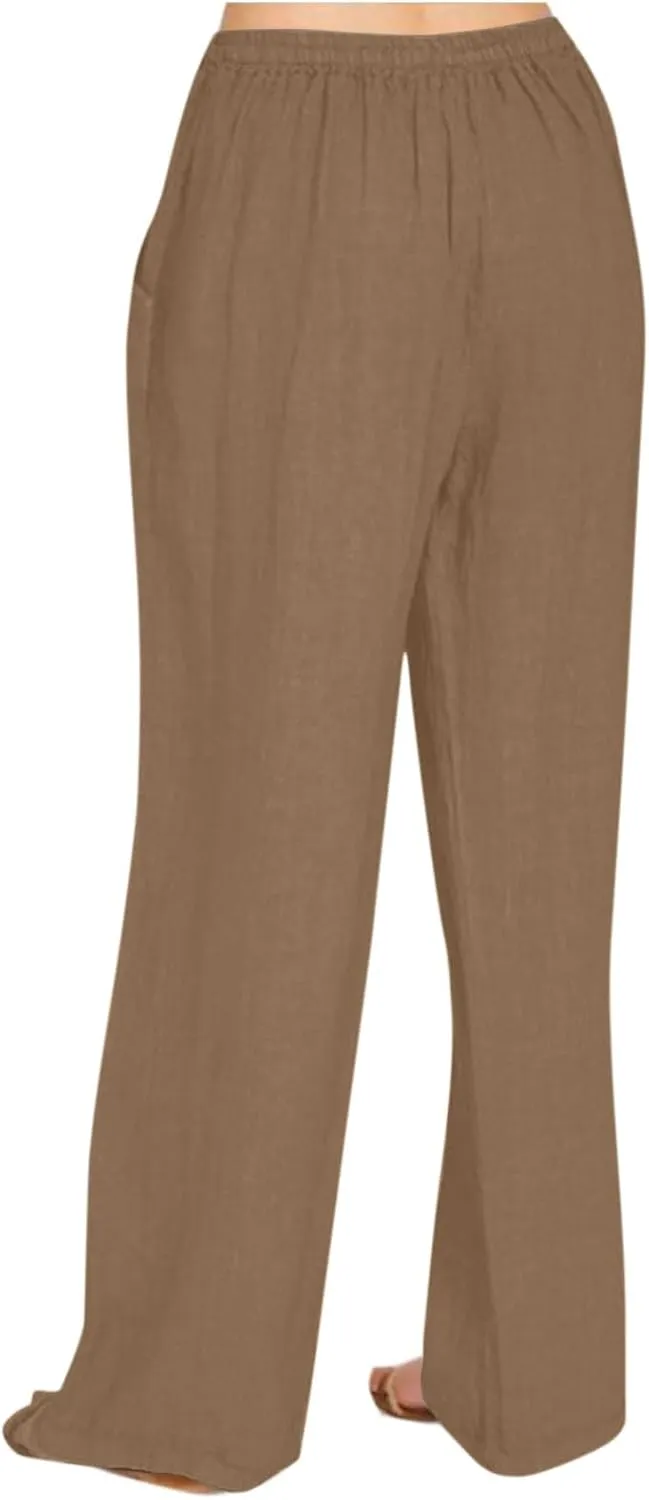 Cotton Linen Pants Women Casual Summer Tie High Waisted Wide Leg Palazzo Pants Solid Loose Fit Plus Size Trousers