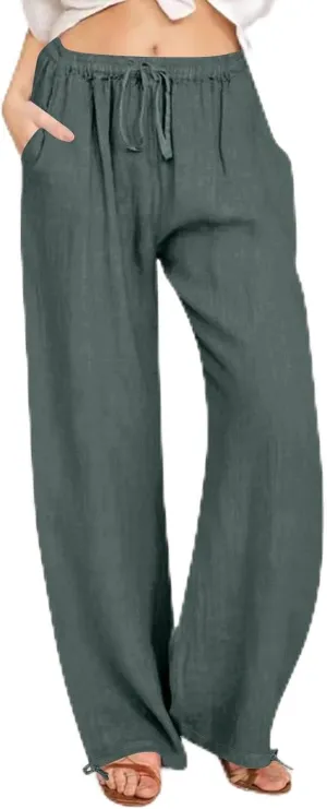 Cotton Linen Pants Women Summer Drawstring High Waisted Palazzo Casual Pants Straight Leg Beach Lightweight Lounge