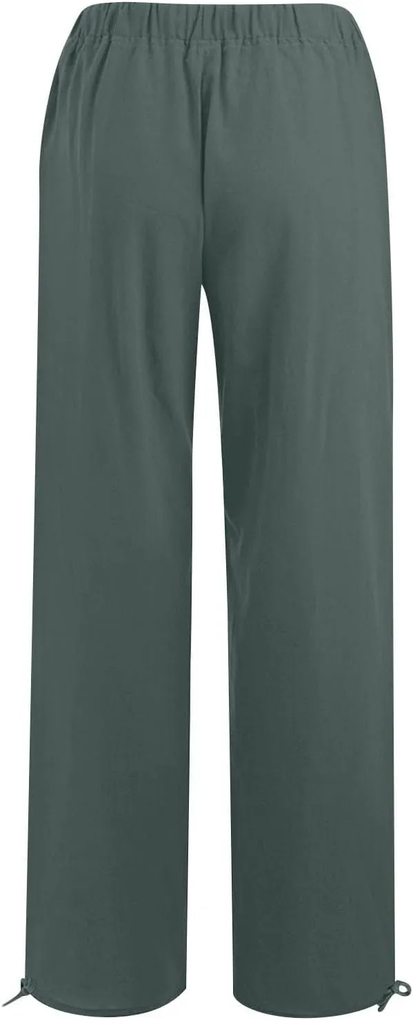 Cotton Linen Pants Women Summer Drawstring High Waisted Palazzo Casual Pants Straight Leg Beach Lightweight Lounge