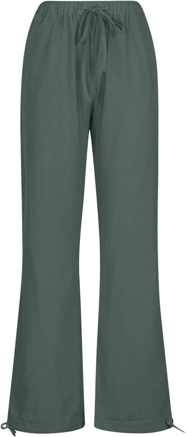 Cotton Linen Pants Women Summer Drawstring High Waisted Palazzo Casual Pants Straight Leg Beach Lightweight Lounge