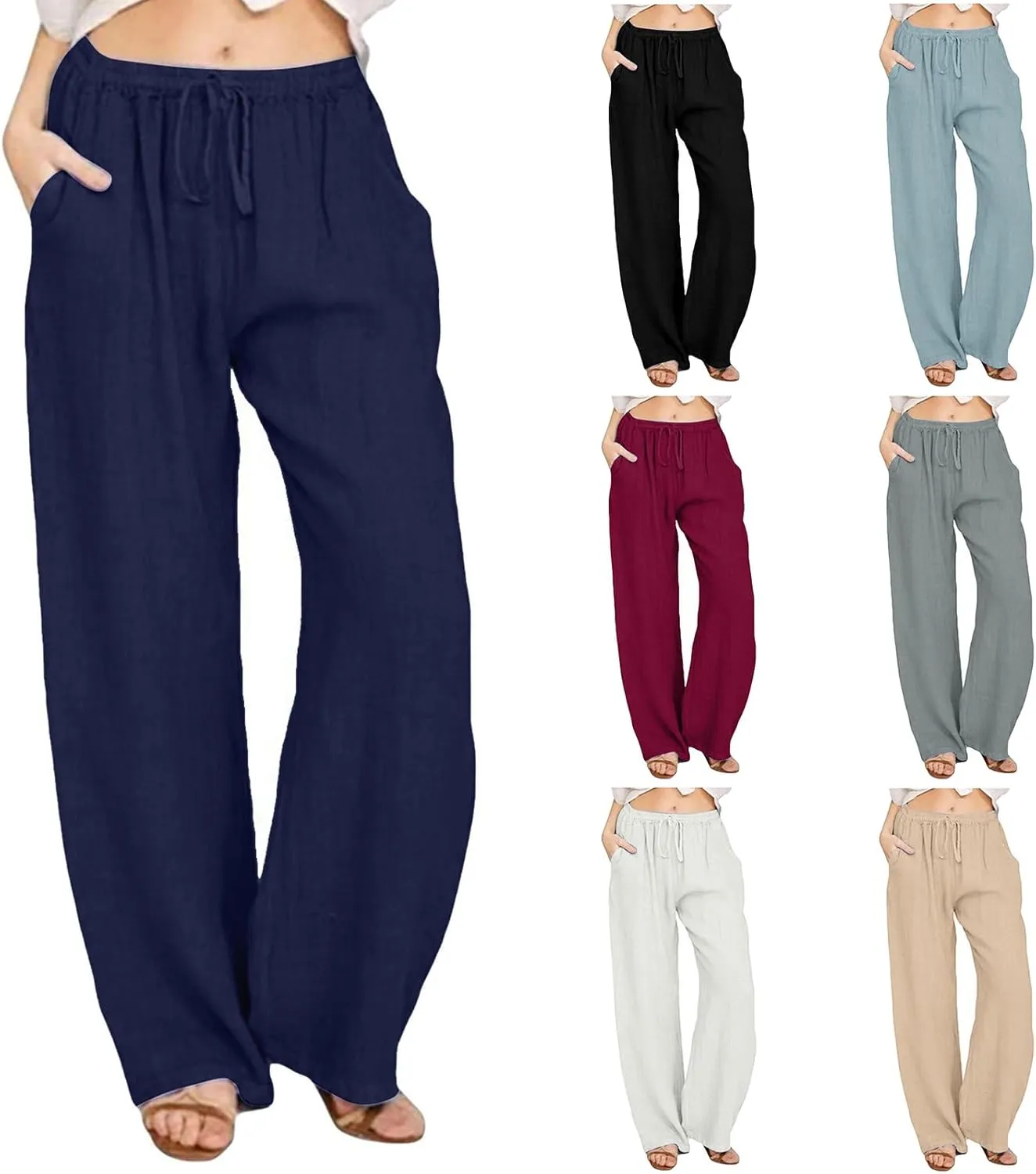 Cotton Linen Pants Women Summer Wide Leg Drawstring High Waisted Palazzo Pants Casual Loose Trousers with Pockets