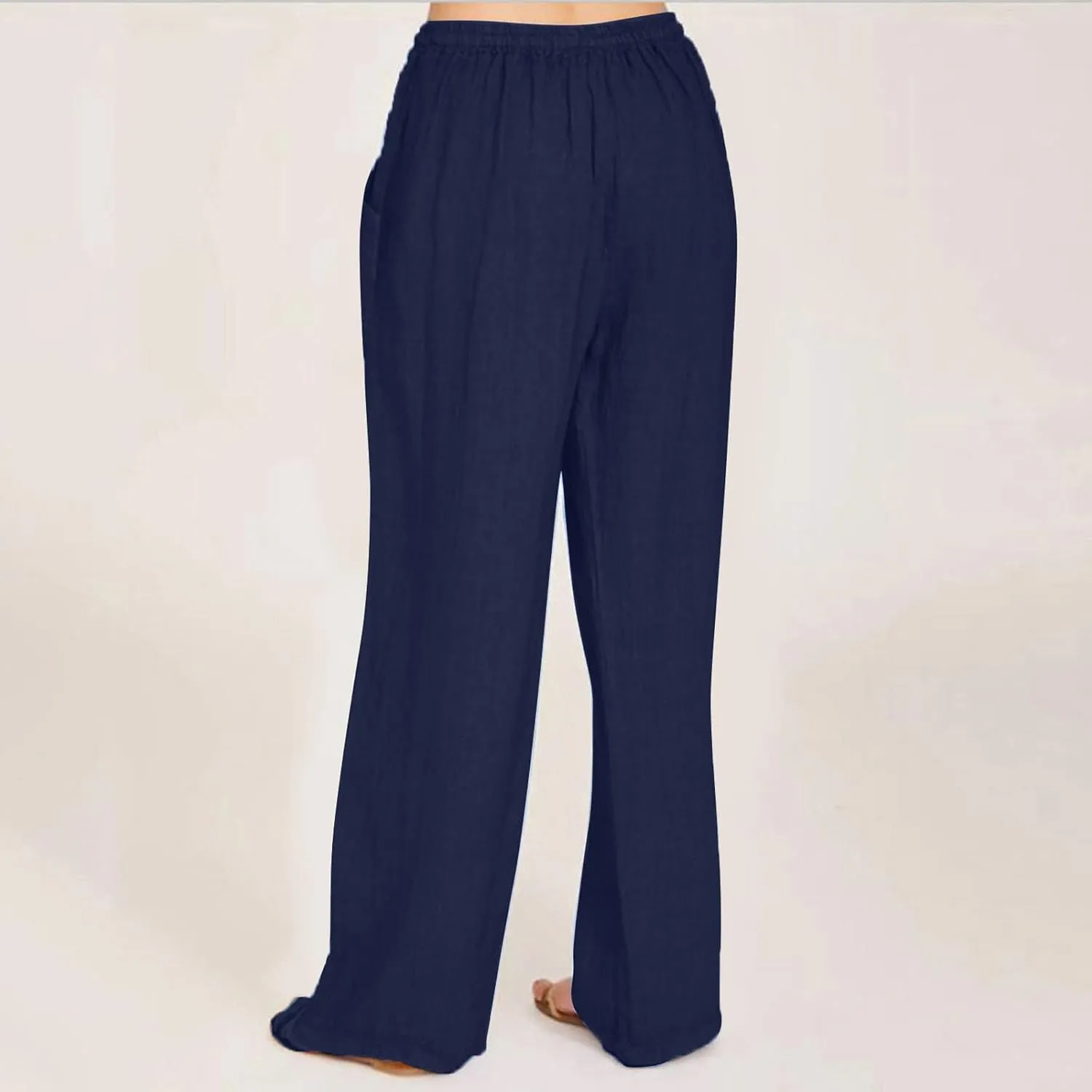 Cotton Linen Pants Women Summer Wide Leg Drawstring High Waisted Palazzo Pants Casual Loose Trousers with Pockets