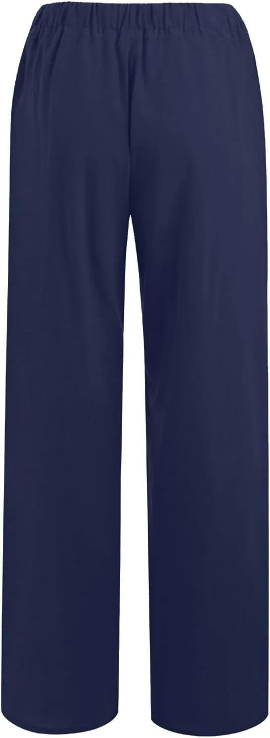 Cotton Linen Pants Women Summer Wide Leg Drawstring High Waisted Palazzo Pants Casual Loose Trousers with Pockets