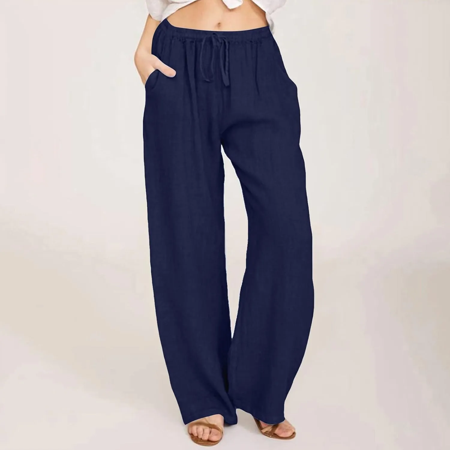 Cotton Linen Pants Women Summer Wide Leg Drawstring High Waisted Palazzo Pants Casual Loose Trousers with Pockets