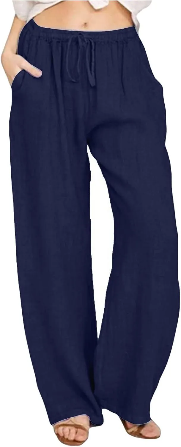 Cotton Linen Pants Women Summer Wide Leg Drawstring High Waisted Palazzo Pants Casual Loose Trousers with Pockets