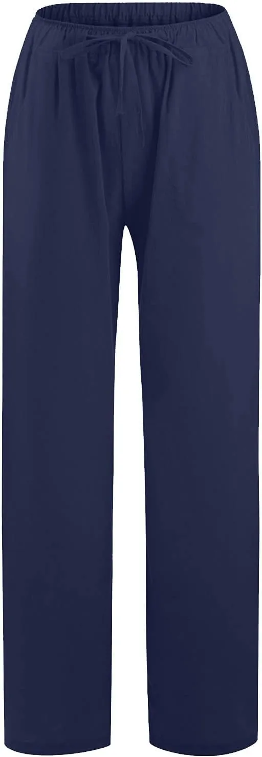 Cotton Linen Pants Women Summer Wide Leg Drawstring High Waisted Palazzo Pants Casual Loose Trousers with Pockets