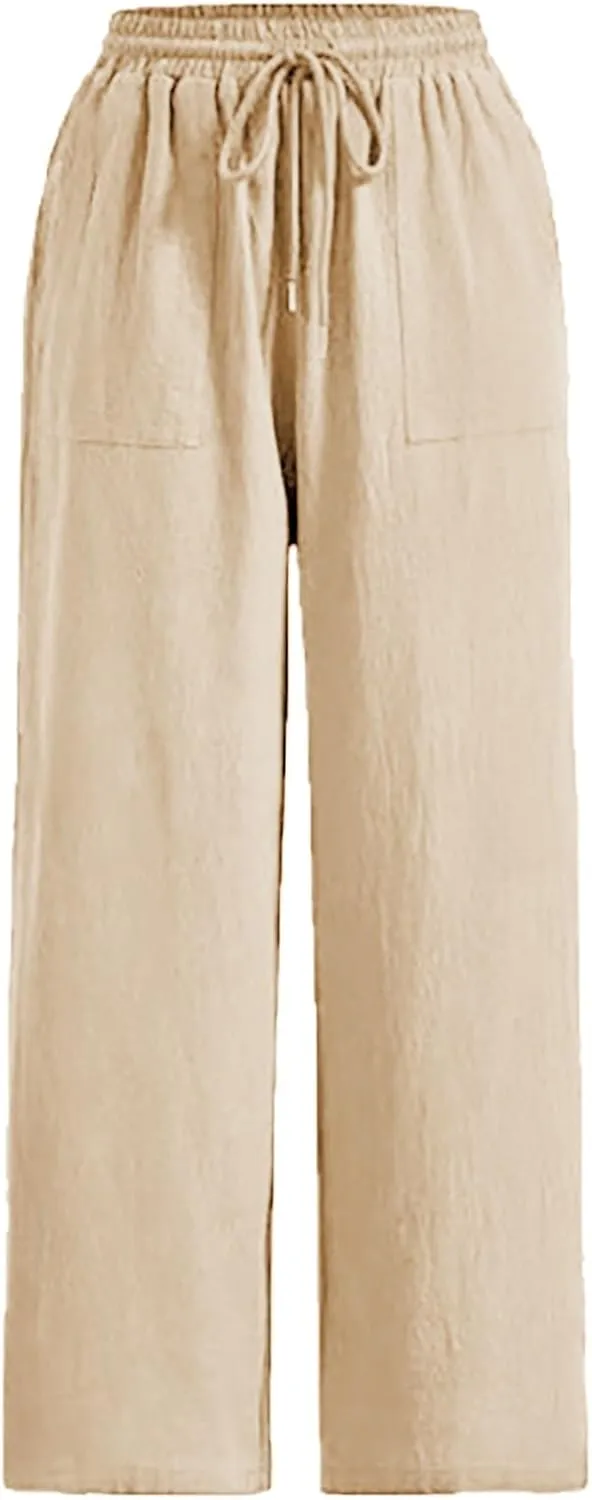 Cotton Linen Trousers for Women Drawstring High Waisted Lightweight Loose Wide Leg Palazzo Pants Casual Holiday Pants