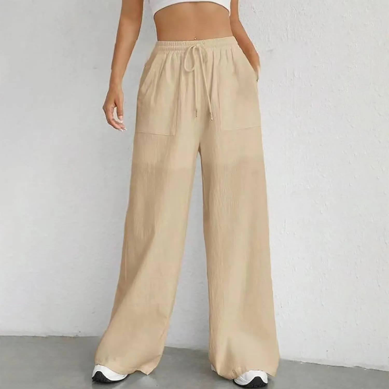 Cotton Linen Trousers for Women Drawstring High Waisted Lightweight Loose Wide Leg Palazzo Pants Casual Holiday Pants