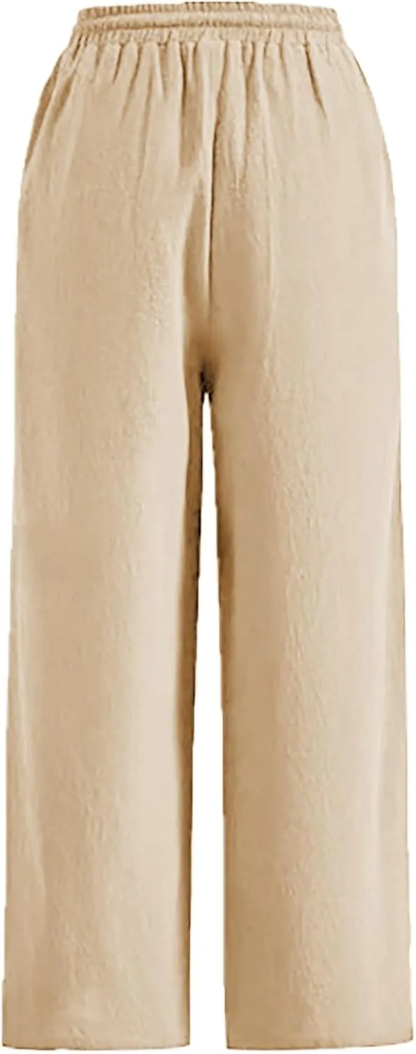 Cotton Linen Trousers for Women Drawstring High Waisted Lightweight Loose Wide Leg Palazzo Pants Casual Holiday Pants