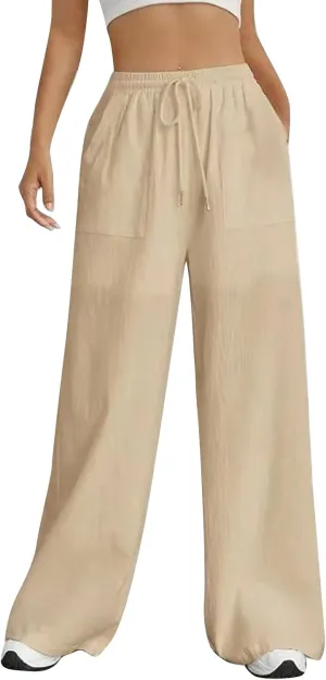 Cotton Linen Trousers for Women Drawstring High Waisted Lightweight Loose Wide Leg Palazzo Pants Casual Holiday Pants