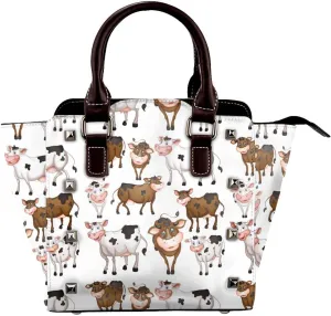 Cow Pattern Women Leather Handbag Rivet Shoulder Bag Top Handle Satchel Purse