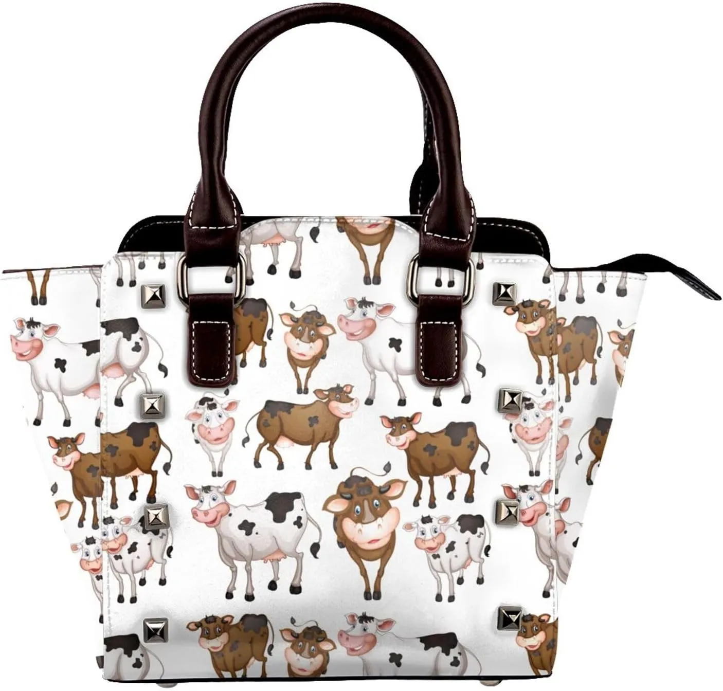 Cow Pattern Women Leather Handbag Rivet Shoulder Bag Top Handle Satchel Purse