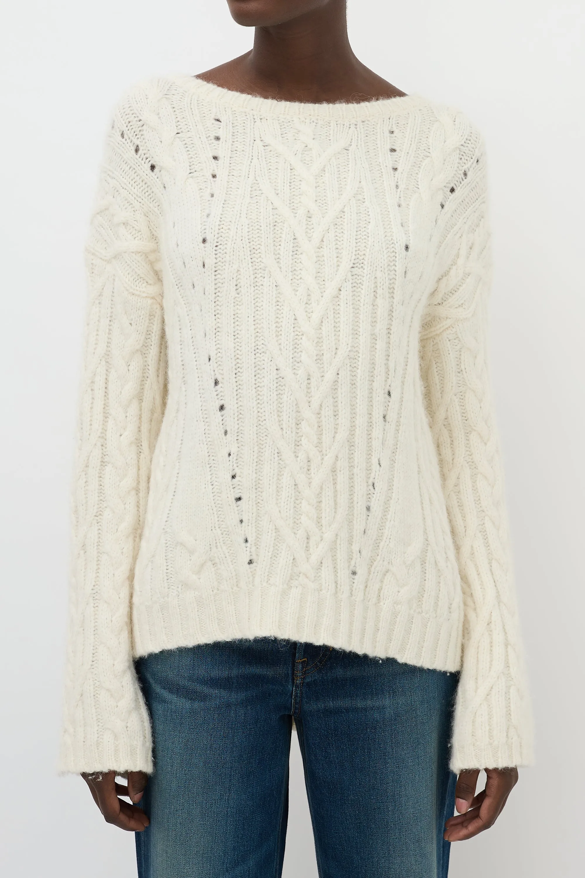 Cream Wool Cable Knit High Low Sweater