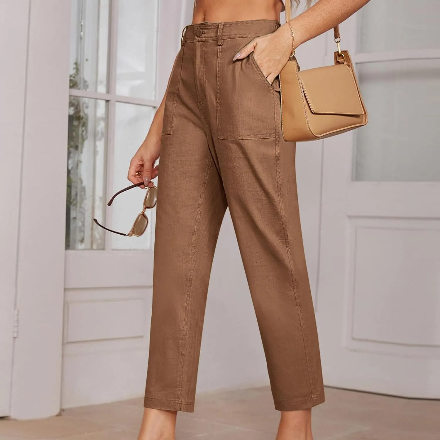 Cropped Work Pants Women High Waisted Business Casual Dress Pants Straight Ankle Length Tapered Trousers w/Pockets
