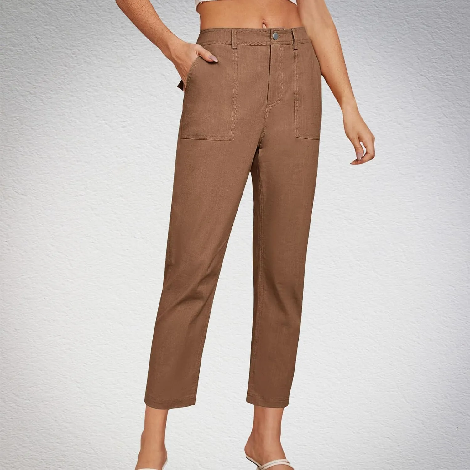 Cropped Work Pants Women High Waisted Business Casual Dress Pants Straight Ankle Length Tapered Trousers w/Pockets