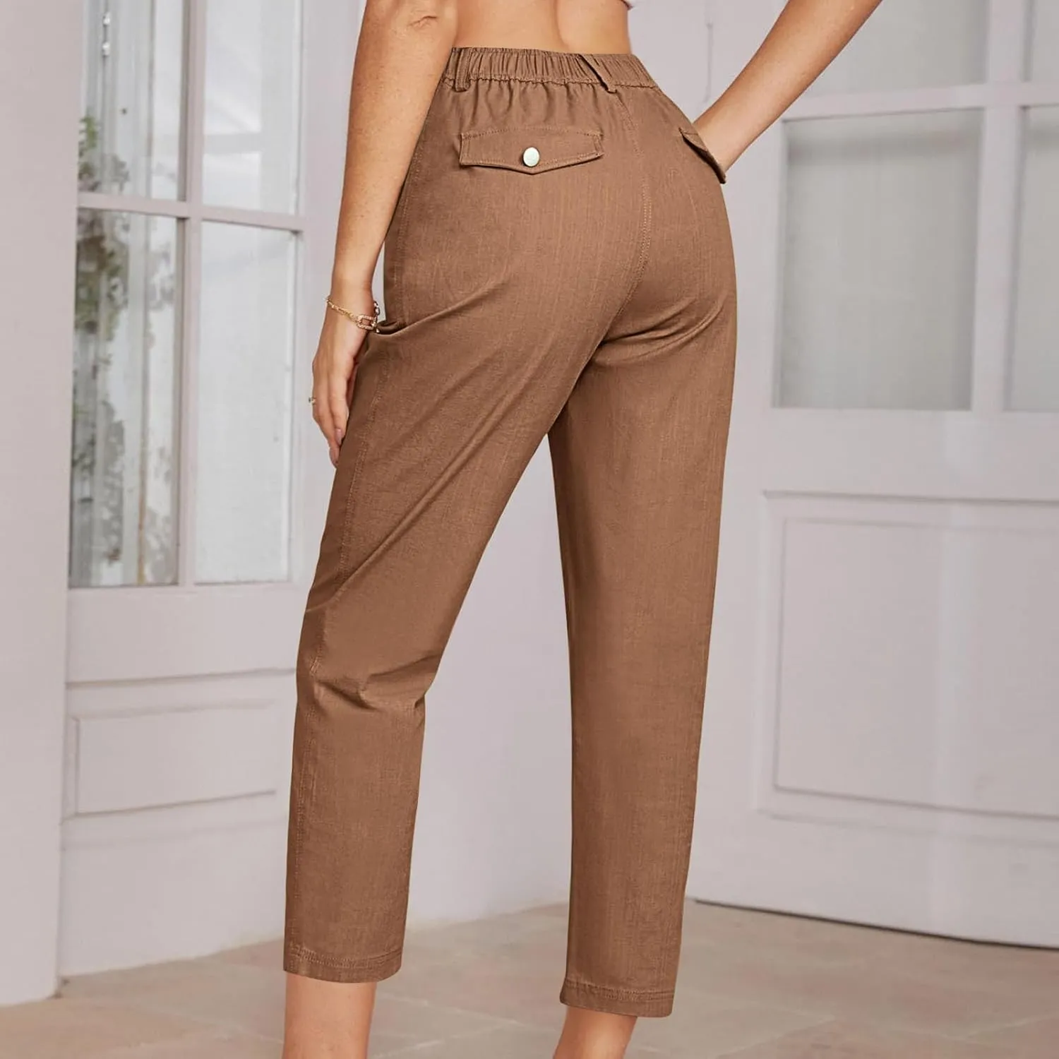 Cropped Work Pants Women High Waisted Business Casual Dress Pants Straight Ankle Length Tapered Trousers w/Pockets