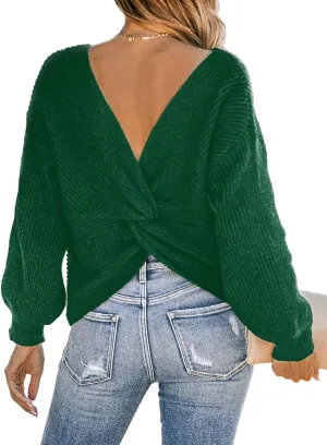 CUPSHE Womens Ribbed Knit Pullover Sweater 2024 Fall Long Sleeve Twist Back Crewneck Fashion Sweater Tops