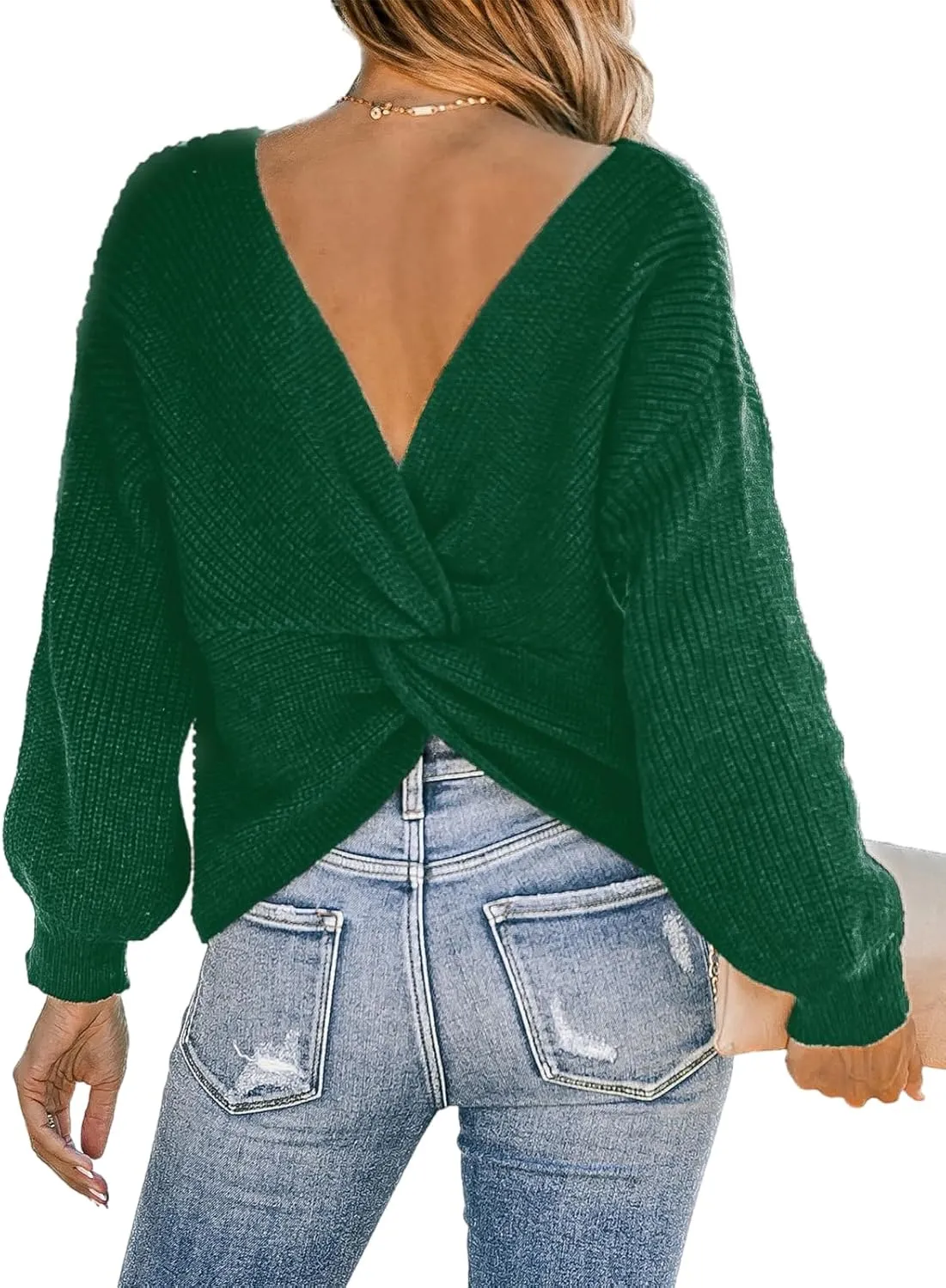 CUPSHE Womens Ribbed Knit Pullover Sweater 2024 Fall Long Sleeve Twist Back Crewneck Fashion Sweater Tops