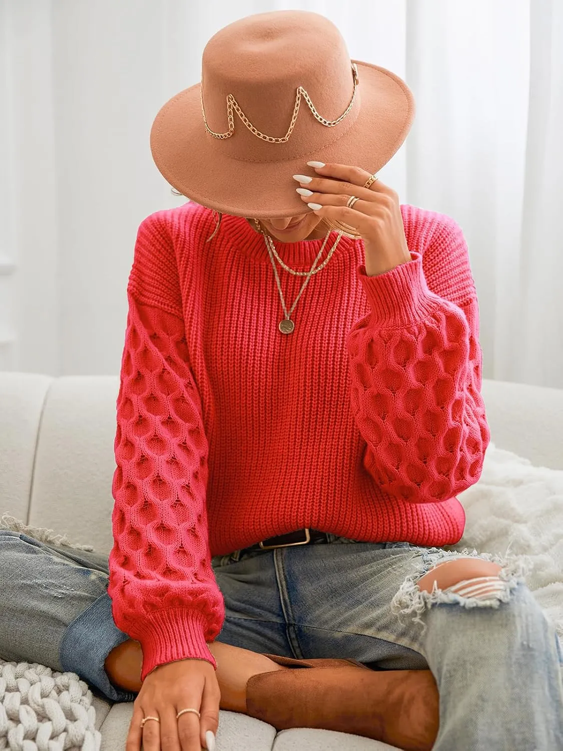 CUPSHE Women's Sweater Long Sleeve Crewneck Sweaters Cable Knit Jumper Tops