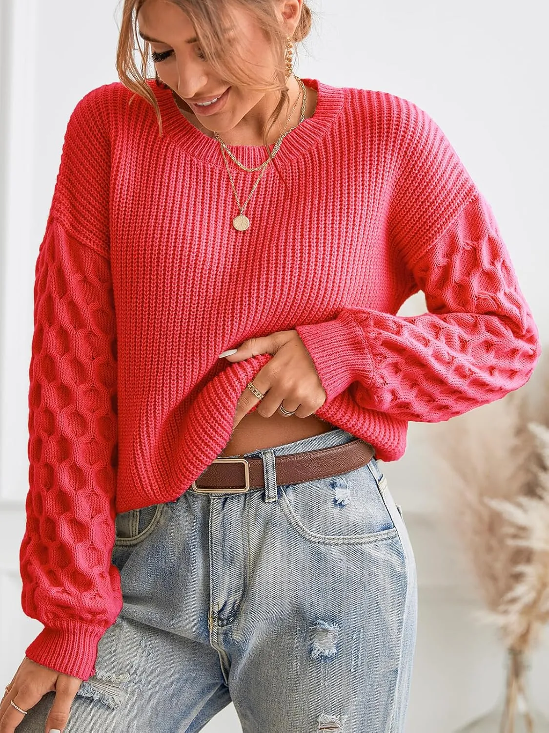 CUPSHE Women's Sweater Long Sleeve Crewneck Sweaters Cable Knit Jumper Tops