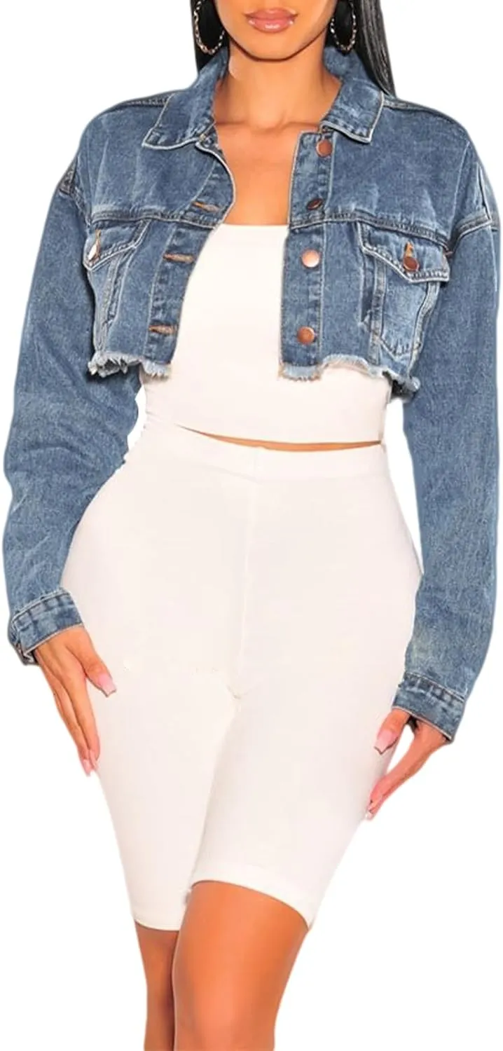 CutieLove Women's Cropped Denim Jackets Long Sleeve Destroyed Crop Top Casual Jean Coat