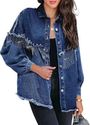Daacee Oversized Fringe Denim Jacket for Women Frayed Sparkly Tassel Jean Shacket Cowgirl Western Country Concert Outfits