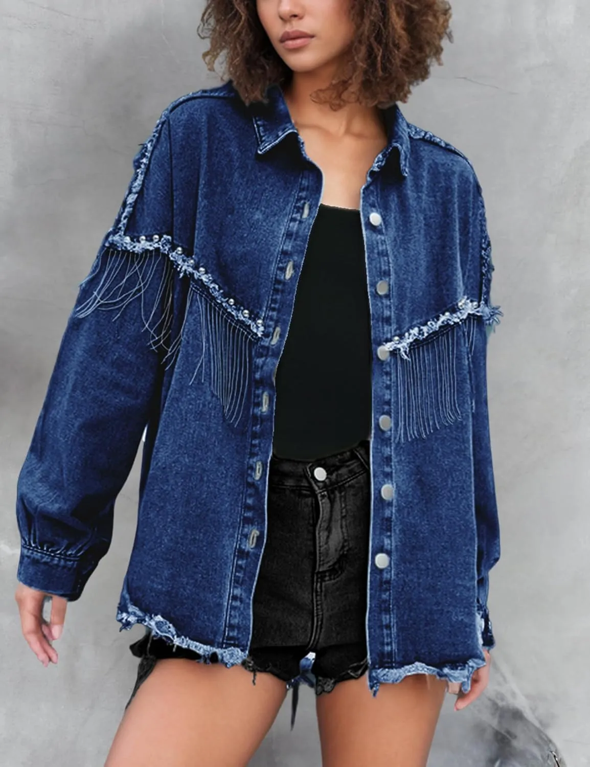Daacee Oversized Fringe Denim Jacket for Women Frayed Sparkly Tassel Jean Shacket Cowgirl Western Country Concert Outfits