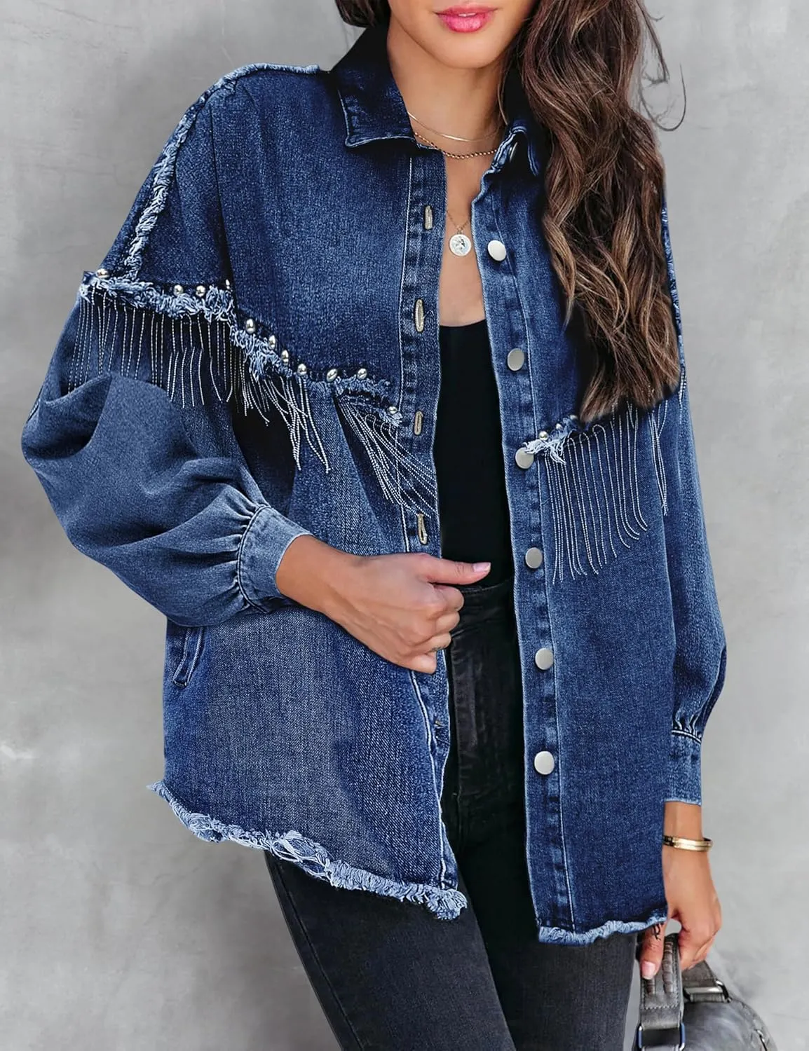 Daacee Oversized Fringe Denim Jacket for Women Frayed Sparkly Tassel Jean Shacket Cowgirl Western Country Concert Outfits