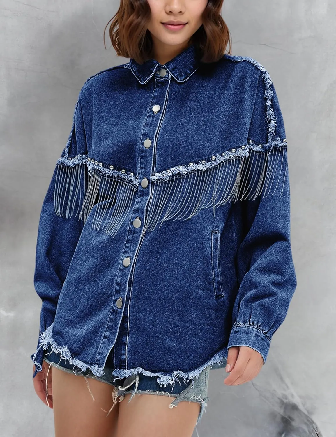 Daacee Oversized Fringe Denim Jacket for Women Frayed Sparkly Tassel Jean Shacket Cowgirl Western Country Concert Outfits