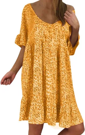 Dark Sweater Dress V Neck Women's Ladies Sexy Loose Print Hlaf Sleeve Ruffles Mini Dress Summer Dress