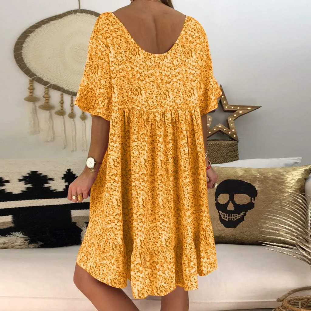Dark Sweater Dress V Neck Women's Ladies Sexy Loose Print Hlaf Sleeve Ruffles Mini Dress Summer Dress